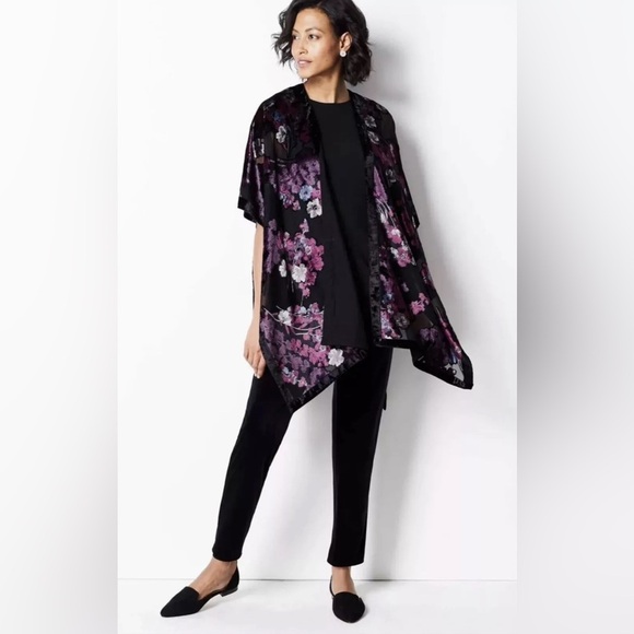 NWT J. Jill Purple Black Floral Velvet Burnout Sheer Kimono Cardigan One Size - Picture 4 of 7